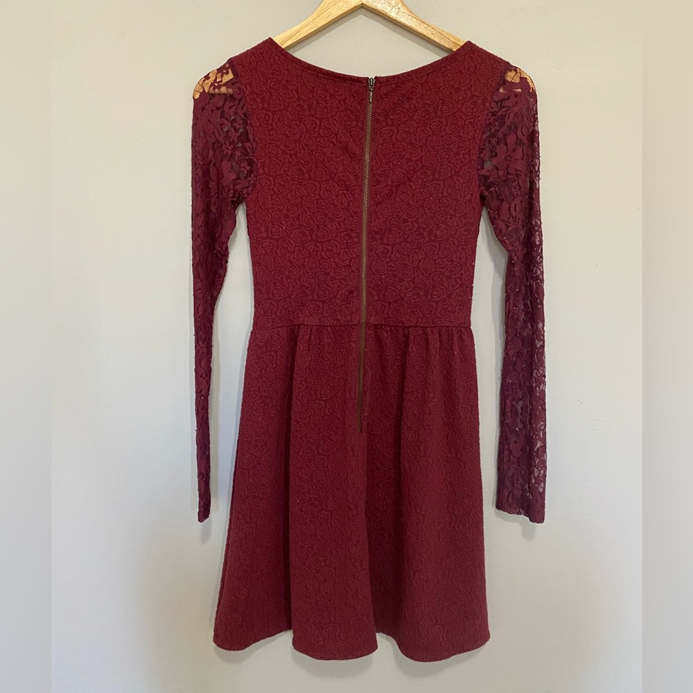 xhilaration burgundy dress Xhilaration Floral Print Deep V-Neck Long Bell Sleeve Lace Trim Mini D Biggybargains